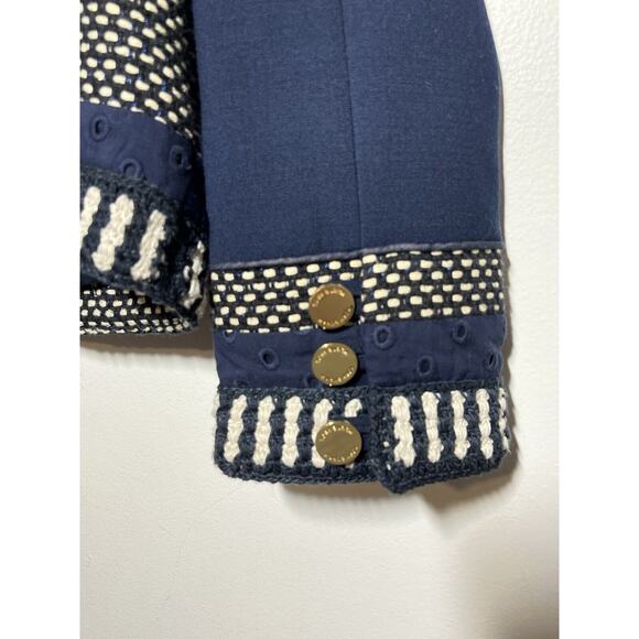 Tory Burch EUC Blue Leandra Tweed Embroidered Jacket Blazer Suiting Size 8 - Picture 9 of 11